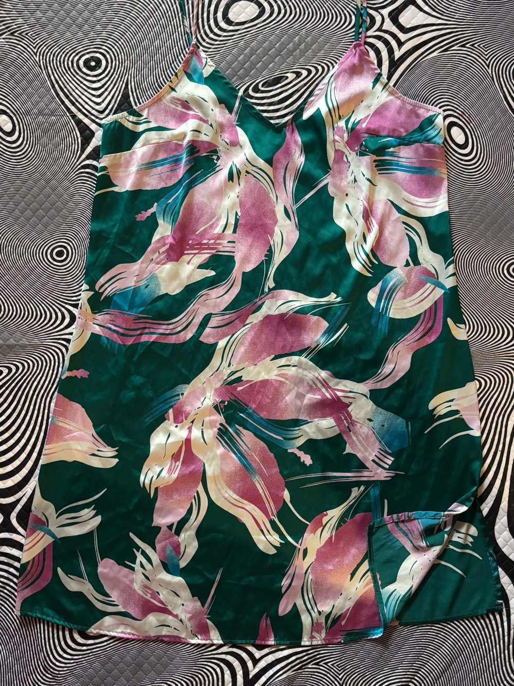 stars above Green Floral Satin Slip with Pink & Cream Accents